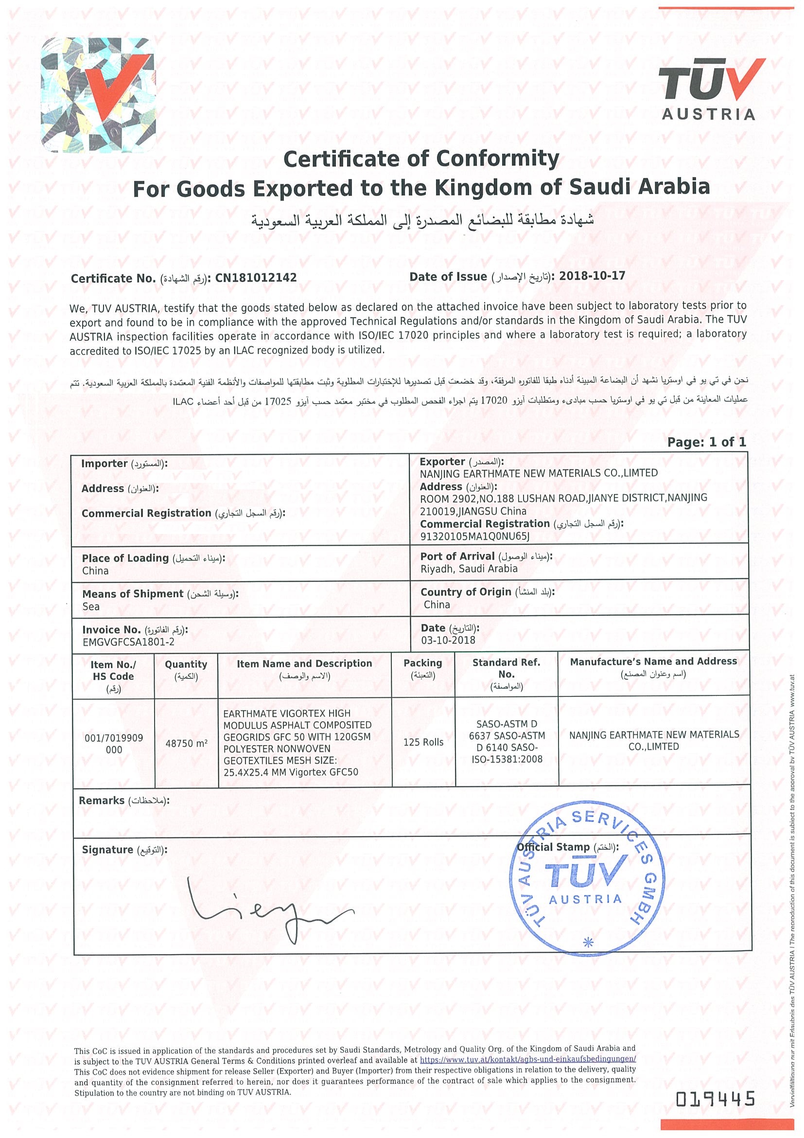 SASO COC | TUV | VIGORTEX GFC